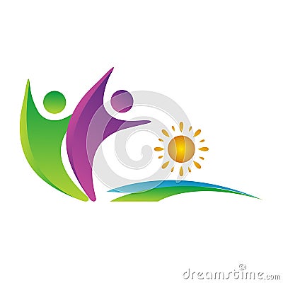 Happy family Beach water wave sun people union wellness celebration group work concept symbol icon design vector LOGO Stock Photo