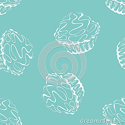 Muffins seamless pattern. Sweet cupcakes on a blue background. Vector Illustration