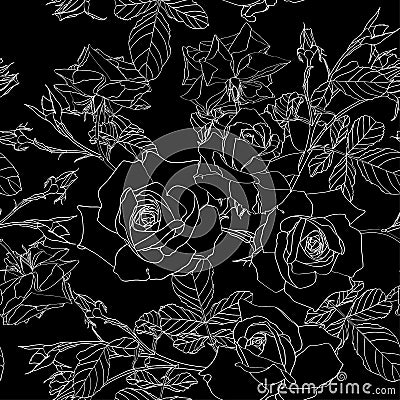 Elegant seamless pattern with hand drawn line black roses flowers. Floral pattern for wedding invitations, greeting cards Stock Photo