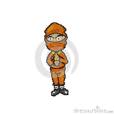 Pixel Art Ninja Character . Cute Cartoon Mascot Logo Icon Illustration . Orange ninjas 8bit Stock Photo