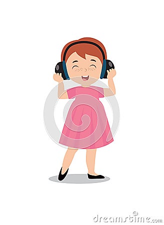 Print. The girl listens to music in headphones. The girl sings. Vector illustration Vector Illustration
