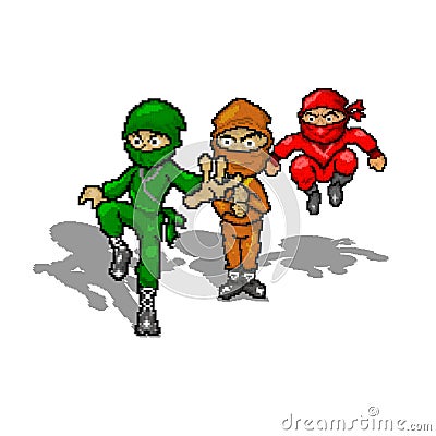 Print Pixel Art Ninjas Character . Cartoon Ninjas 8 Bit , Cartoon Ninjas Illustration , Red, Orange, Green, Ninjas Squad Cartoon Illustration