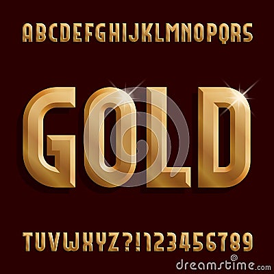 Gold alphabet font. Beveled golden letters, numbers and symbols. Vector Illustration