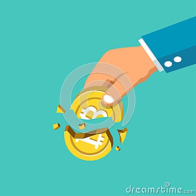 Cryptocurrency business concept big hand with broken coin Vector Illustration