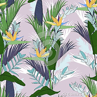 Beach cheerful seamless pattern wallpaper of tropical green leaves of palm trees and flowers bird of paradise strelitzia plumeri Stock Photo