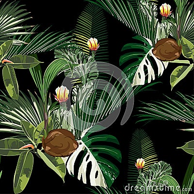 Exotic leaves and branches, many kinds of plants, cacti and coconut seamless pattern. Stock Photo