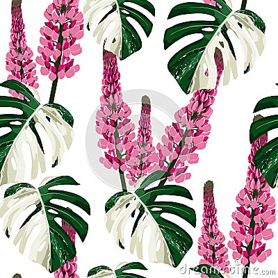 Exotic monstera leaves and pink lupines flower branch seamless pattern. Stock Photo