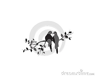 Birds on Branch Vector, Wall Decals, Birds Couple in Love, Birds Silhouette on tree and Hearts Illustrations isolated Stock Photo