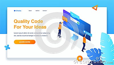 Two men standing in front of monitor, build website, user interface, website development, 3d isometric, landing page Vector Illustration