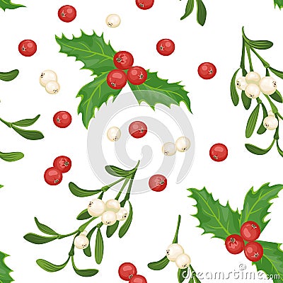 Christmas seamless pattern. Red holly berries, green leaves and Mistletoe branches isolated on white background. New Year`s decora Vector Illustration