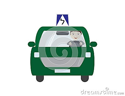 Green Israeli Driving School Car with Male Character Vector Illustration