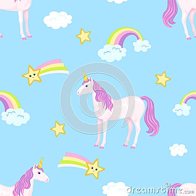 Seamless pattern with unicorns, stars, rainbow and clouds on blue background. Vector Illustration