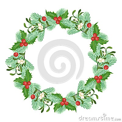 Christmas wreath made of branches of spruce, mistletoe and holly berry Isolated Vector Illustration