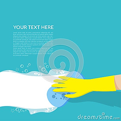 Vector of hand with yellow rubber glove holding blue sponge cleaning with white bubble detergent isolated on blue background with Vector Illustration