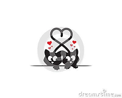 Two cats in love making heart with their tails, funny illustration, vector, cartoon, children wall decals, kids wall artwork Cartoon Illustration