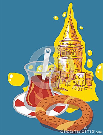 Turkish tea and bagel istanbul galata tower food Vector Illustration