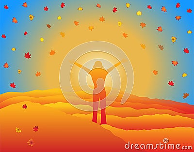 Woman enjoying autumn trip in the mountains. Vector Illustration