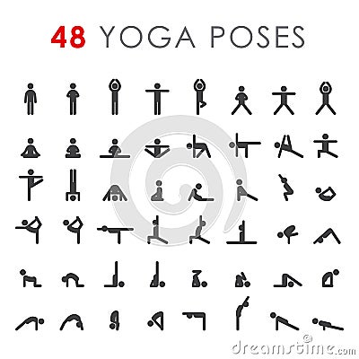 Big yoga poses asanas icons set. Vector illustrations. For logo yoga branding. Yoga people infographics. Stick figures Vector Illustration