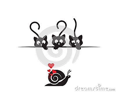 Cats behind table watching snail in love silhouette, funny illustration, vector, cartoon, children wall decals, kids wall artwork Cartoon Illustration