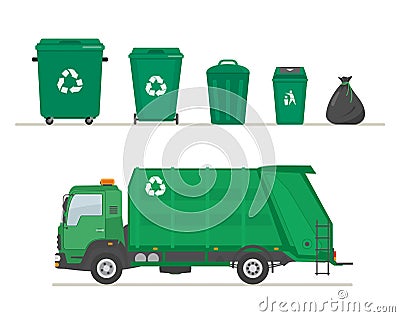 Garbage truck and garbage cans isolated on white background. Ecology and recycle concept. Vector Illustration