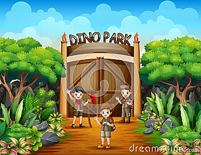 The explorer boy and girl in dino park Vector Illustration