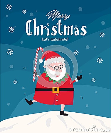 Dancing funny Santa / Merry Christmas greeting card Vector Illustration