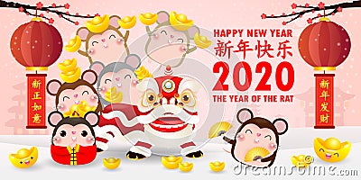 Happy Chinese new year 2020 of the rat zodiac poster design with rat, firecracker and lion dance. Little rat holding Chinese gold, Vector Illustration