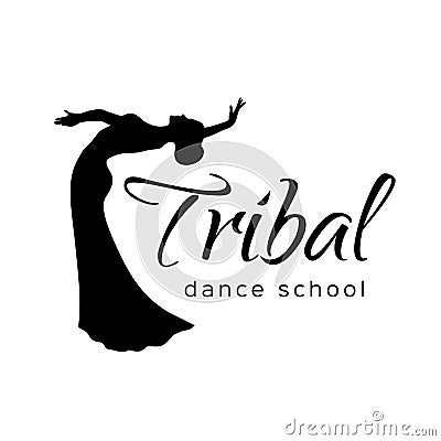 Tribal dance logo. Emblem with dancing woman for school, festival, party, event, classes. Vector Illustration