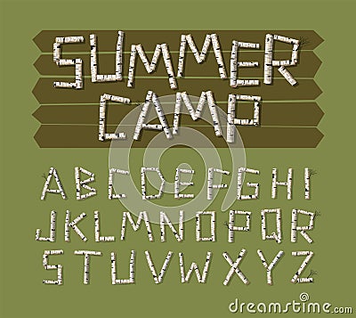 Vector font design. Alphabet made of birch tree logs. Vector Illustration