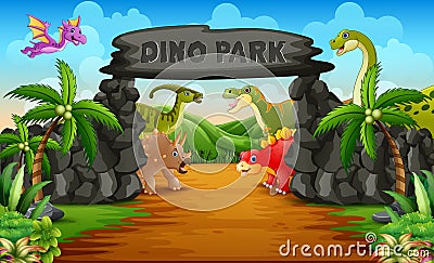 Dinosaurs in a dino park entrance illustration Vector Illustration