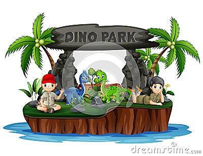 Dino park island with dinosaurs and scout kids Vector Illustration