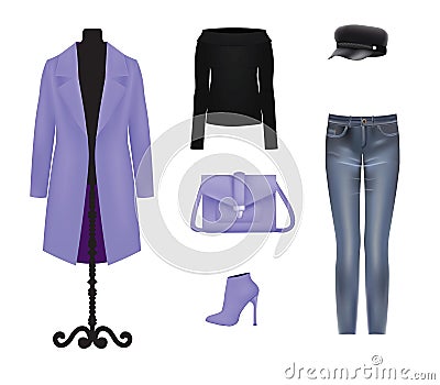 Woman purple and black clothing set Vector Illustration