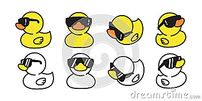 Duck vector icon logo rubber duck sunglasses cartoon character illustration bird farm animal doodle symbol design Vector Illustration