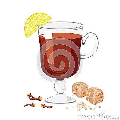 Grog in glass cup Isolated on white background. Hot drink with rum, lemon and sugar. Vector Illustration