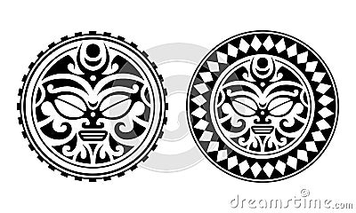 Set of round tattoo ornament with sun face maori style. Vector Illustration