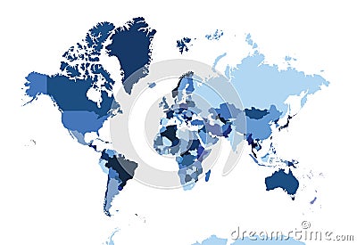 Blue, very detailed map of the whole world. political map, with all the countries on it. Vector Illustration