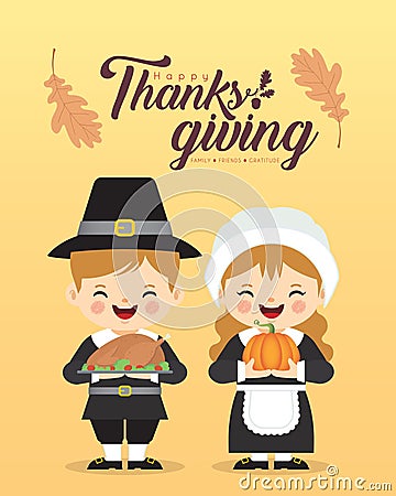 Thanksgiving day - cartoon pilgrim couple holding pumpkin & roasted turkey Vector Illustration