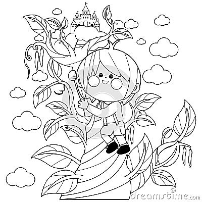 Jack climbing the magic beanstalk. Fairy tale child character. Vector black and white coloring page Vector Illustration