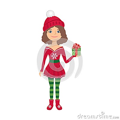 Little christmas girl in red hat holds gift box with bow. Cute little girl celebrates New Year Vector Illustration