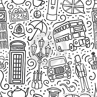 Vector seamless pattern with symbols of London, Great Britain. Stock Photo