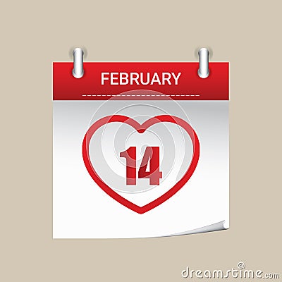 14 February, Valentine`s Day. Calendar with Heart Sticker. Vector illustration in 3d style. Vector Illustration
