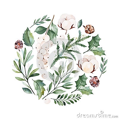 Winter composition with leaves,branches,flowers,berries,pine cone. Cartoon Illustration
