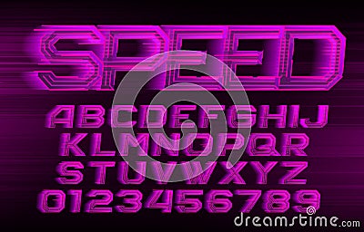 Speed alphabet font. Fast wind effect geometric letters and numbers on stripe background. Vector Illustration