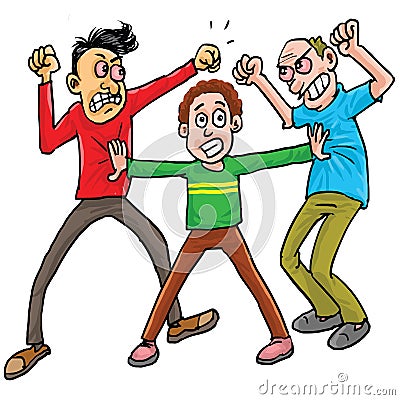 The young boy trying cool down between two men fighting Stock Photo