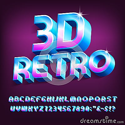 3D Retro alphabet font. Vivid colors letters, numbers and symbols with shadow. Vector Illustration