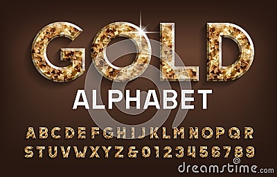 Gold alphabet font. Golden beveled letters and numbers with shadow. Vector Illustration