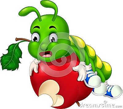 Cute Green Caterpillar On Red Bitten Apple Cartoon Stock Photo