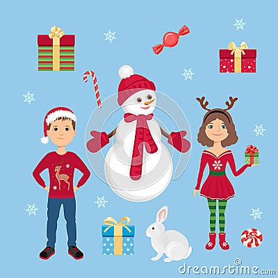 New Year set. Snowman, girl in Christmas Headband Reindeer Antler, boy in Santa Claus hat, gift box, bunny, candies and snowflakes Vector Illustration