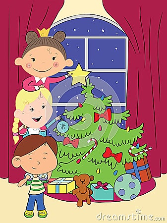 Children decorate a Christmas tree together, happy new year celebration vector Vector Illustration