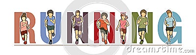 Group of Children running, Running text font design, kids run together cartoon graphic Vector Illustration